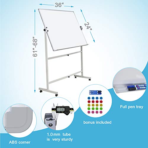 Mobile Dry Erase Board & Cork Board Magnetic Whiteboard on Wheels (Aluminium Frame) 36"x24" Portable White Boards with Rolling Stand for Classroom, Office, Home