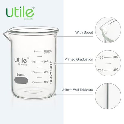Utile 6 Pcs 500ml Glass Beaker Set, Chemical Glass Beakers, Low Form Borosilicate 3.3 Glass Lab Beaker with Printed Graduation, 4000.0500.6 - style: 500 ml (6pcs)