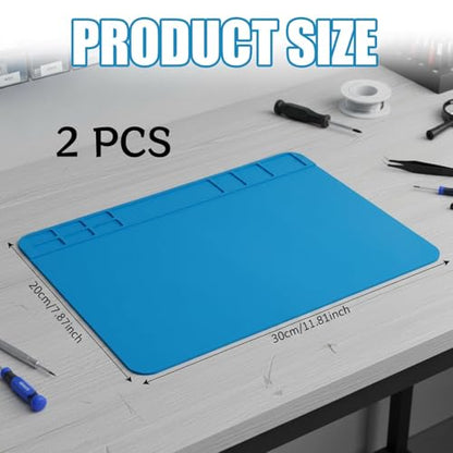 ESD Safe Soldering Mat, 2 Pcs 12”x8” Large Heat Resistant Repair Mat up to 932°F, Silicone Workstation with Grid for Phone, Laptop, Watch, BGA Electronics Repair (Blue)