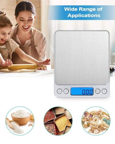 AMIR Digital Kitchen Scale, 3000g 0.01oz/ 0.1g Pocket Coffee Scale, Mini Food Scale, Pro Electronic Jewelry Scale with Back-Lit LCD Display, Tare & PCS Functions, Stainless Steel, Batteries Included - color: Silver