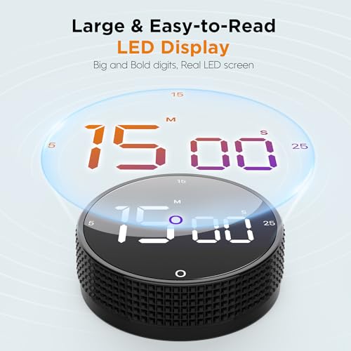 Digital Kitchen Timer - Magnetic Countdown Count Up Clock with Large LED Display, 5/15/25 Min Presets, 3 Volume Levels, Rotary Dial for Cooking, Productivity, Classroom, Fitness (2, Black)