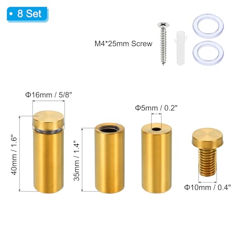 PATIKIL 5/8 x 1.6 Inch Sign Standoff Screws, 8 Set Stainless Steel Wall Standoff Mounting Hardware Advertising Glass Nail for Hanging Acrylic Picture Frame Acrylic Panel, Gold - color: Gold, size: 5/8 x 1.6 Inch