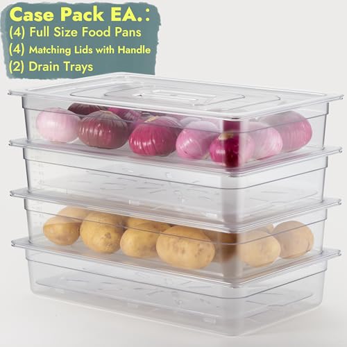 CURTA 4-Pack Full Size 4" Deep NSF Polycarbonate Food Pans with Handled Lids & Drain Trays | Dishwasher & Freezer Safe Clear Container for Prep Tables, Buffet, Salad Bar, Commercial & Home Kitchen - color: Full Size, size: 4" Deep Pan with Lid