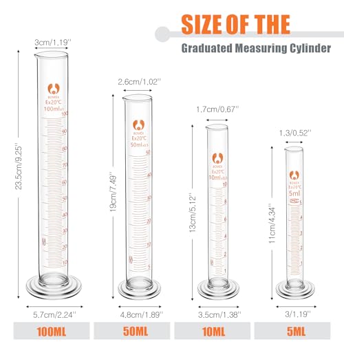Feekoon 10 Pieces Glass Measuring Beaker Graduated Measuring Cylinder with Stirring Rod 50/100/ 250/500/ 1000 ml Thick Glass Beakers 5/10/ 50/100 ml Graduated Cylinders for Science Lab(5.9 Inch)