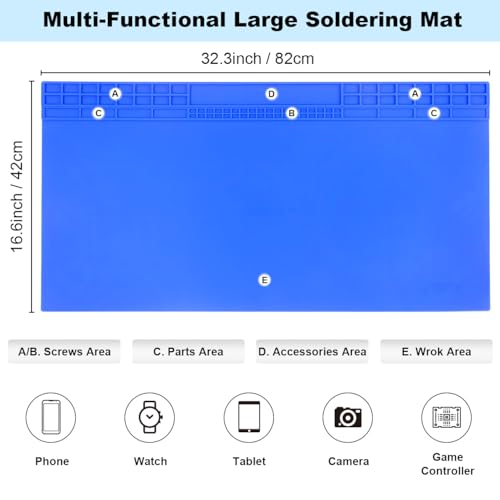 32.3" x 16.6" Premium Silicone Soldering Mat, 932°F Heat Resistant Oversized Work Mat, Non-Slip Repair Bench Pad for BGA Welding, Electronics, Computer, Cellphone, Watch (Blue) - color: Blue