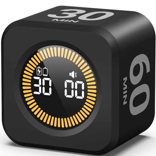 KADAMS Pomodoro Timer – Visual Cube with 5/10/30/60 Min Presets, LED Countdown Ring & Count Up Mode, Silent Flip Productivity Timer for Study, Classroom, Office, Cooking - color: Black 5-10-30-60 Min