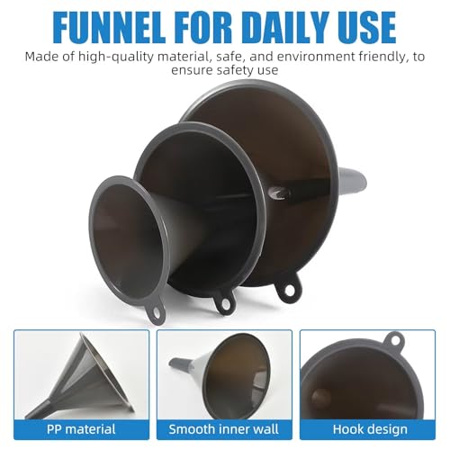 Plastic Kitchen Funnel Set of 3, Round Kitchen Funnels for Filling Bottles, Durable and Multifunctional Funnels for Filling Canning, Cooking, Lab or Car Oil (Gray) - color: Gray