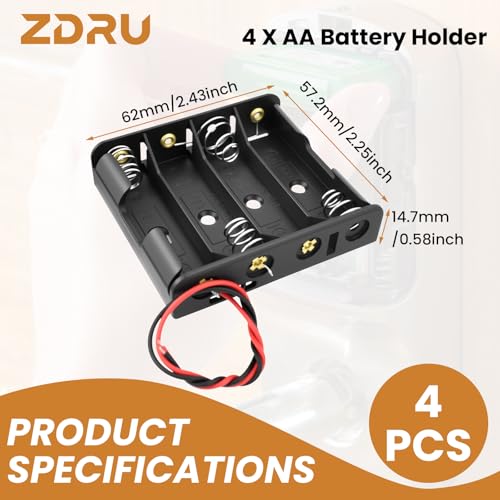 4-Pack 4 AA Battery Holder with Leads, 6V 4x1.5V Thicken Plastic Case