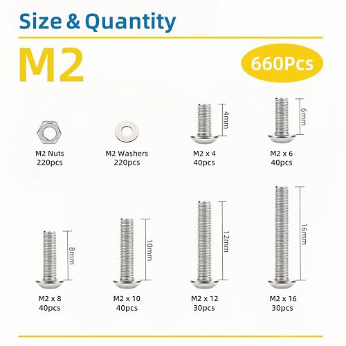 660 Pcs M2 Screws Assortment Kit, M2x4mm/6mm/8mm/10mm/12mm/16mm, Metric Hex Button Head Socket Cap Screws Nuts Washers Kit with Wrench, 304 Stainless Steel - size: M2 660 Pcs