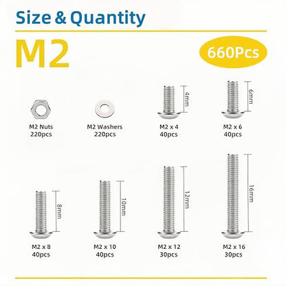 660 Pcs M2 Screws Assortment Kit, M2x4mm/6mm/8mm/10mm/12mm/16mm, Metric Hex Button Head Socket Cap Screws Nuts Washers Kit with Wrench, 304 Stainless Steel - size: M2 660 Pcs