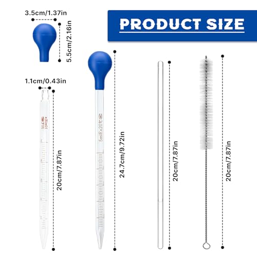 4 Pack Glass Pipettes Dropper Graduated Lab Dropper Set, 5ml and 10ml Droppers Set Includes Stir Rod, Cleaning Brush, Rubber Caps, Liquid Transfer & DIY Projects