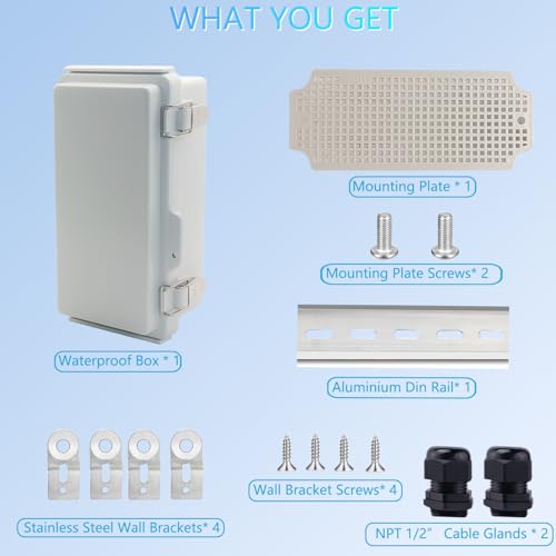 IP67 Waterproof Junction Box, ABS Plastic Electrical Enclosure with Stainless Steel Latch, Hinged Cover Electric Box with Mounting Plate, Wall Brackets & Cable Glands 200x100x70mm - color: Grey, size: 7.9"x3.9"x2.8" Standard