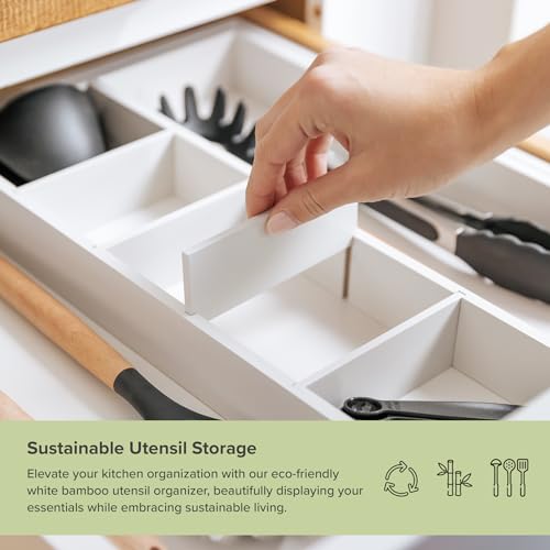 KitchenEdge Utensil & Junk Drawer Organizer, 16-28 in, White Bamboo - color: White Bamboo, size: From 16" to 28" Wide