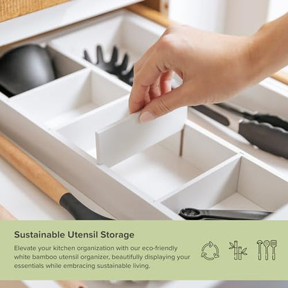 KitchenEdge Utensil & Junk Drawer Organizer, 16-28 in, White Bamboo - color: White Bamboo, size: From 16" to 28" Wide