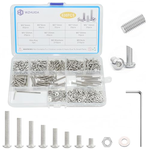 630 Pcs M3 Screws Assortment Kit, M3x6mm/8mm/10mm/12mm/16mm/20mm/25mm/30mm, Metric Hex Button Head Socket Cap Screws Nuts Washers Kit with Wrench, 304 Stainless Steel - size: M3 630 Pcs