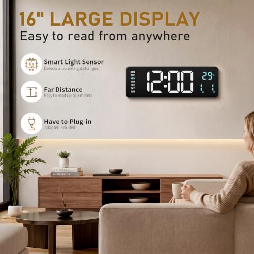 16" Large Digital Wall Clock with LED Display &Remote Control for Classroom - color: Blue