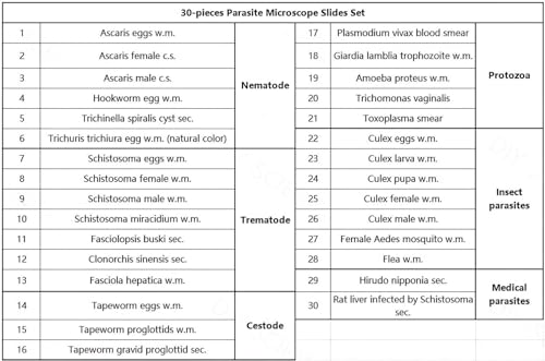Prepared Parasitology Microscope Slide Set, Excellent 30pcs Slides Resource for Instruction at The College Level (Parasitology) - color: Parasitology