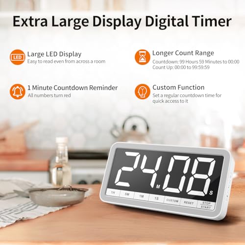 VOCOO Large 7.8" Digital Timer, Magnetic LED Timer for Kitchen & Classroom - color: White