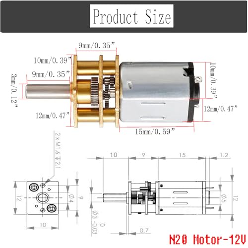 12V 60RPM Micro DC Gear Motor with All-Metal Gear Box Motor GA12-N20 3mm Shaft High Torque Gear Motor, Suitable for Robot Models, Reinforced Concrete Cars, DIY RC Toys - (2 pcs)