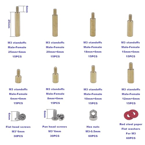 300PCS M3 Brass Male-Female Hex Standoffs, Screws Nuts & Washers Kit - size: M3