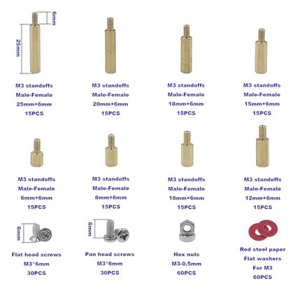 300PCS M3 Brass Male-Female Hex Standoffs, Screws Nuts & Washers Kit - size: M3