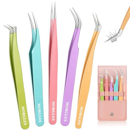 MORGLES High Precision Lash Tweezers Set, 5 in 1 Eyelash Extension Tweezers - color: Pink