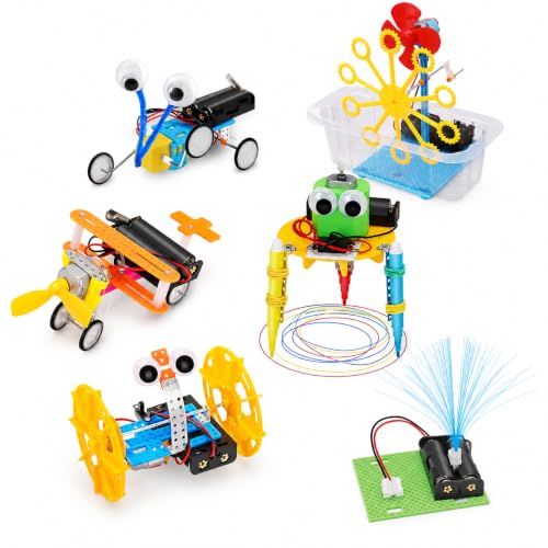 NewFamily 6-in-1 STEM Robot Building Kit, DIY Science & Engineering Project Set with Reptile Robot, Balance Car, Bubble Machine, Fiber Optic Lamp and Buzzer Wire Game
