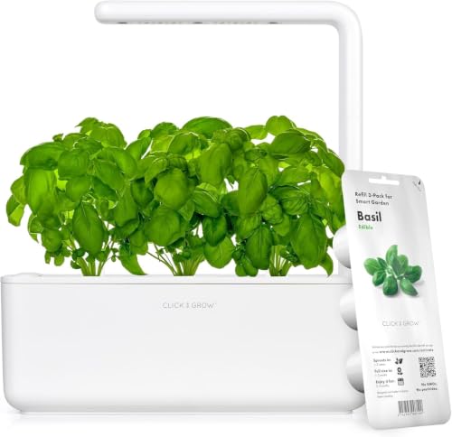 Click & Grow Indoor Herb Garden Kit with Grow Light | Smart Garden for Home Kitchen Windowsill | Easier Than Hydroponics Growing System | Vegetable Gardening Starter (3 Basil Pods Included), White - color: White