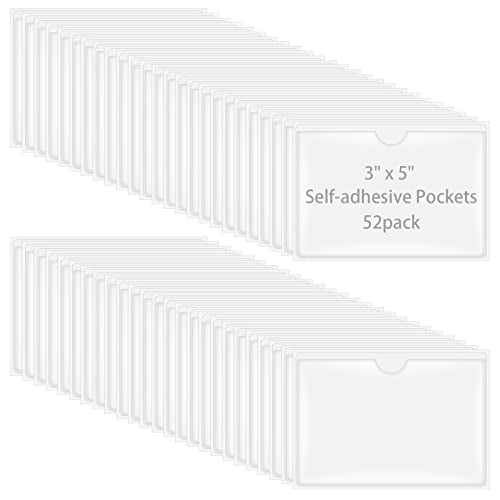 Antner 52 Pack Self-Adhesive Index Card Pockets for 3" x 5" Card, Clear Plastic Labels Holders Top Open for Loading Card Holder for Storage Bins, Library and Bins (3.74 x 5.3 Inches) - size: 3" x 5" - 52PCS