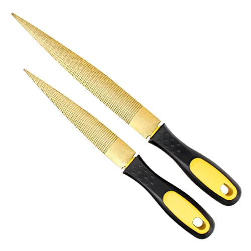 Wood File, Needle File Set Wood Files for Wood Working Wood Rasp Files Tools Golden Tapered Wood Rasp Bastard File with Rubber Handle in Gift Bag for Carving 2 Pack (6 * 8 inch)