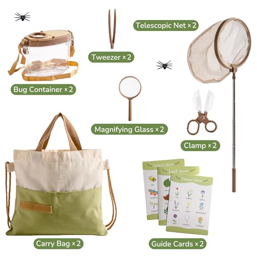 ROBOTIME 2Sets Bug Catcher for Kids, Sturdy Bug Catching Kit with Butterfly Net, Insect Box, Magnifying Glass, Tweezer, Clamp, Cards and Carry Bag, Bug Habitat Outdoor Explorer Kit for Kids 3-12 - color: Green