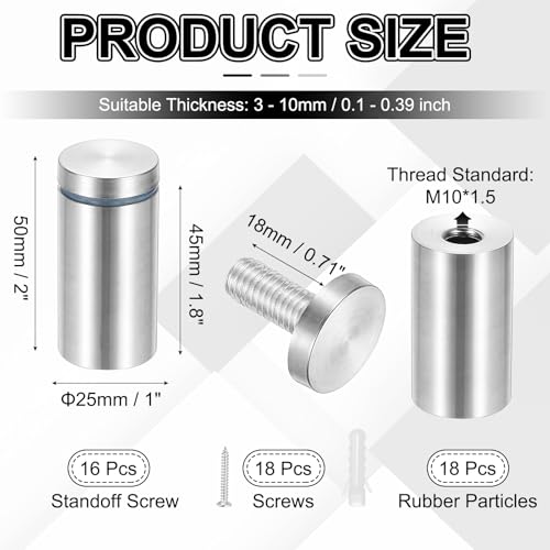 PATIKIL 1x2" Standoff Screws, 16 Pack Stainless Steel Stand Off Wall Mounts Wall Sign Mounting Hardware Advertising Standoff Nail for Hanging Acrylic Signs Picture Frame, Silver - size: 1x2"