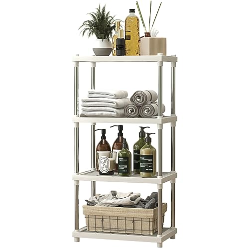 4 Tier White Plastic and Metal Freestanding Shelf Bathroom Organizer, Shelving Unit Storage Rack Organizer for Home, Garage, Basement, Shed and Laundry Room - color: White