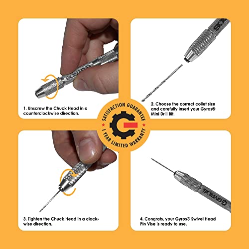 GYROS Swivel Head Pin Vise Hand Drill, 0"(0mm) to 1/8"(3.175mm) w/Anti-Slip Nickel Plated Steel Body & 2 Reversible Collets, Small Hand Drill for Precision Drilling of Jewelry, Plastic, & Wood