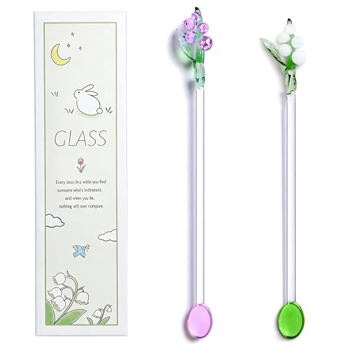 Homestia Glass Stirring Spoon, Swizzle Sticks with White Lily of the Valley - color: 2 PCS + 7.1" + White pink Bells Orchids Flower + Stirring spoon