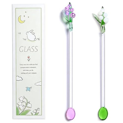 Homestia Glass Stirring Spoon, Swizzle Sticks with White Lily of the Valley - color: 2 PCS + 7.1" + White pink Bells Orchids Flower + Stirring spoon