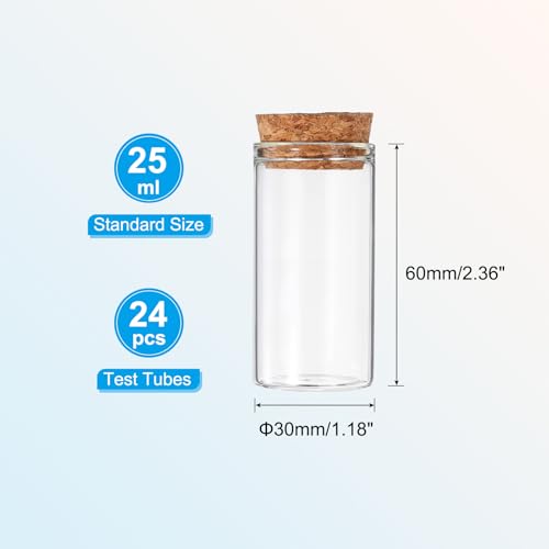 PATIKIL 25ml Test Tubes, 24pcs 2.36x1.18 Glass Clear Flat Bottom Test Tube Containers with Cork Stopper for Bead Party Candy Bath Salt Storage Scientific Experiment Plant Propagation - size: 25ml