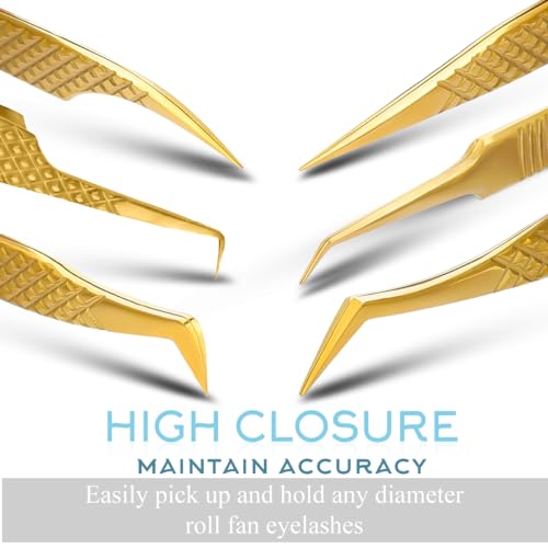 SIVOTE Eyelash Extension Tweezers Fiber Tips Japanese Steel, Set of 6 – Curved, Dolphin, 90° 45° Volume Boot & Slight Curved Tweezer – Professional Lash Tweezers for Lash Extensions Gold - color: Gold
