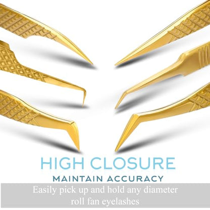 SIVOTE Eyelash Extension Tweezers Fiber Tips Japanese Steel, Set of 6 – Curved, Dolphin, 90° 45° Volume Boot & Slight Curved Tweezer – Professional Lash Tweezers for Lash Extensions Gold - color: Gold