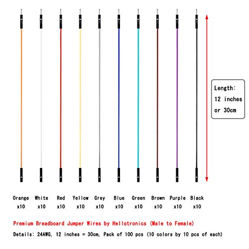 Breadboard Jumper Wires Male to Female 12'' Length 0.1'' Square Head 100-Pack 10 Colors 24AWG by Hellotronics (30CM, 1P M/F) - color: 1P Male-Female, 30CM, size: Length 12'' / 30CM