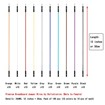 Breadboard Jumper Wires Male to Female 12'' Length 0.1'' Square Head 100-Pack 10 Colors 24AWG by Hellotronics (30CM, 1P M/F) - color: 1P Male-Female, 30CM, size: Length 12'' / 30CM