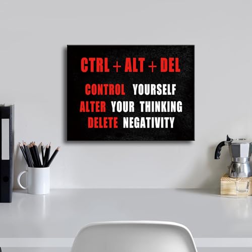 Pyradecor Black Red and White Motivational CTRL+ALT+DEL Classroom Positive Quotes Inspirational Poster Canvas Prints Wall Art for Office Living Room Home Decorations - color: CTRL+ALT+DEL-R+W, size: 16"L x 12"W