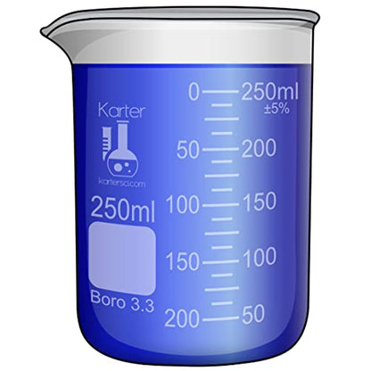 250ml Beaker, Low Form Griffin, Borosilicate 3.3 Glass, Double Scale, Graduated, Karter Scientific 213D33 (Single) - size: 250ml, style: Pack of 1