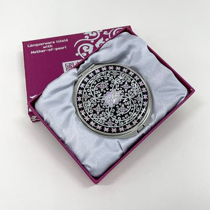 Portable Makeup Compact Double Magnifying Mirror Cosmestic Foldable Pocket Style Unique Mother of Pearl Design (Ivy) - color: Ivy