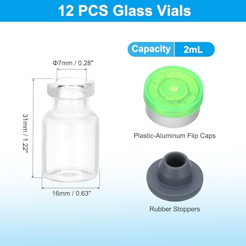 PATIKIL 12pcs 2ml Clear Borosilicate Glass Sample Vials with Aluminum Plastic Cap and Rubber Stopper for Lab Solid Liquid Powder Storage, Green Silver Tone - color: Clear/Green Silver Tone, size: 2ml