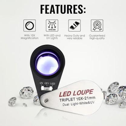 10x Foldable Pocket Magnifier Loupe with UV and LED Light for Jewelry, Rocks, Coins, and Antiques - Illuminated Magnifying Tool for Eye, Stamps, Watches, Hobbies, and Gems - color: 10x Magnification