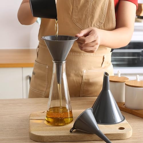Plastic Kitchen Funnel Set of 3, Round Kitchen Funnels for Filling Bottles, Durable and Multifunctional Funnels for Filling Canning, Cooking, Lab or Car Oil (Gray) - color: Gray