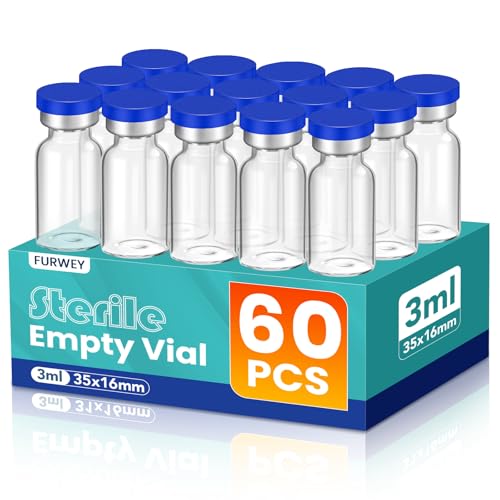 FURWEY 3ML Sterile Vials, Glass Empty Vials for Injection, 60 Pack - size: 3ML-60P