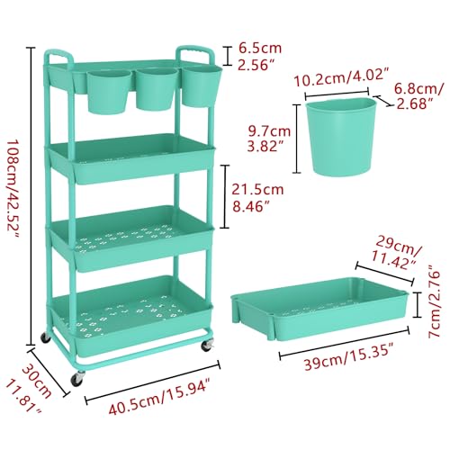 JIUYOTREE 4-Tier Plastic Rolling Storage Cart Utility Cart with Extra Hanging Cups Handles Lockable Wheels for Living Room Bathroom Kitchen Office Green - color: Green, size: 4-Tier