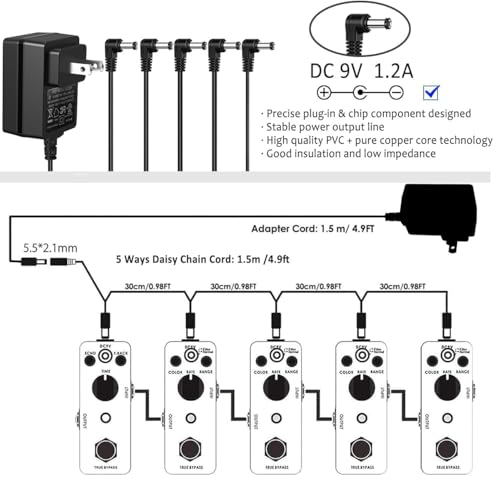 JOYO DC 9V 1.2A Guitar Pedal Power Supply with 5 Way Daisy Chain Cables, AC Wall Charger Power Adapter for Bass Guitar Effect Pedals (Tip Negative) - size: 9V1200mA